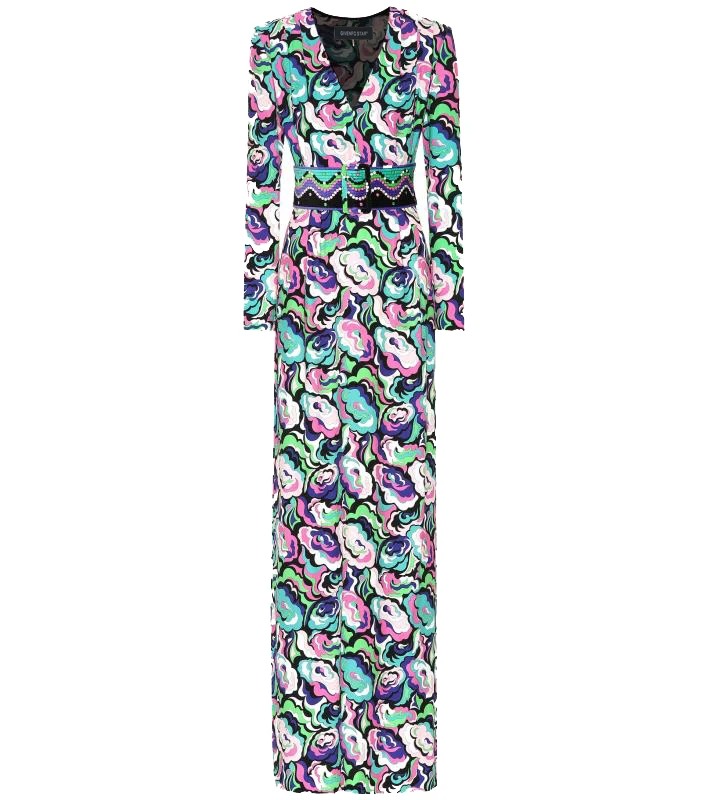 Women Peony Print V-Collar Long Sleeve Slim Knitted Dress – Sexy Stretch Club Long Dress - Image 6