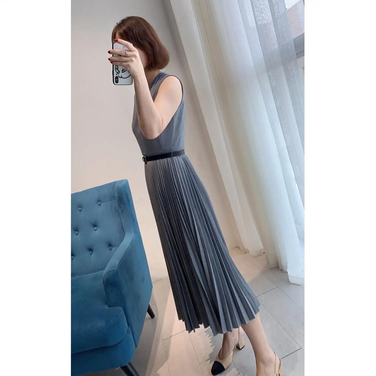 Women Summer Slim Waist Pleated Dress | Elegant Gray Sleeveless Tank Dress with Back Zipper - Image 6