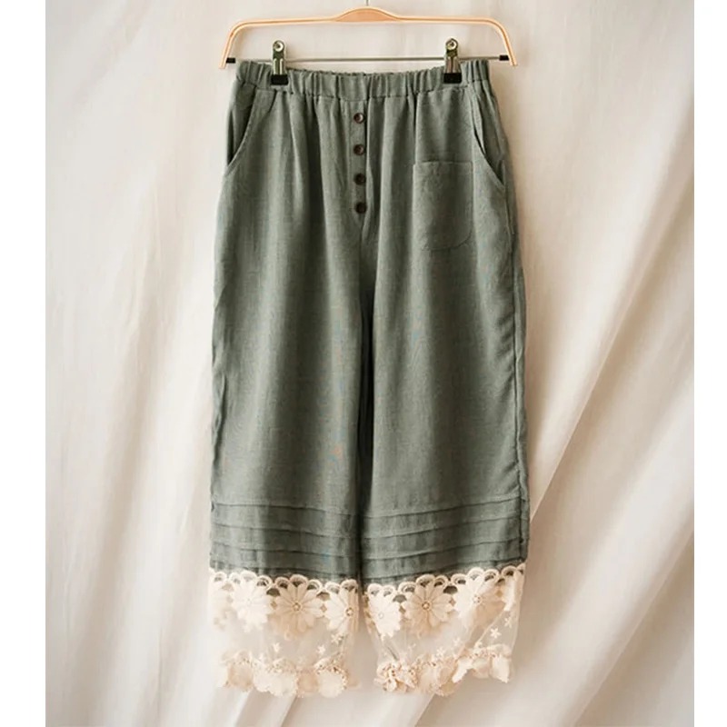 Harajuku Mori Girl Cotton Linen Pants Army Green Lace Floral Embroidered Trousers - Image 6