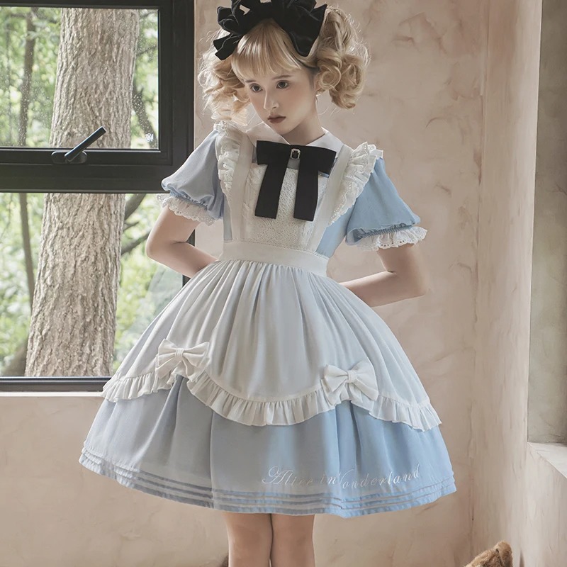 Sweet Lolita Wonderland Maid Dress Bow Lace Kawaii Two Piece Set