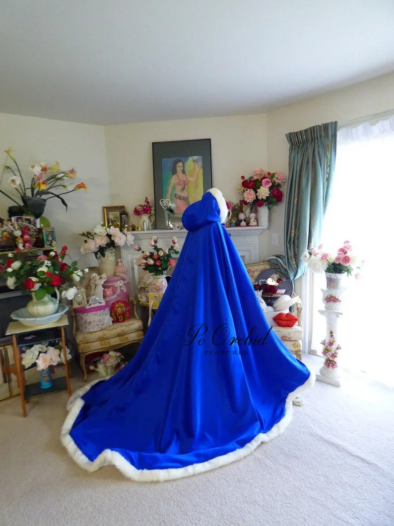 Long Satin Wedding Cape Hooded Faux Fur Bridal Cloak - Image 6