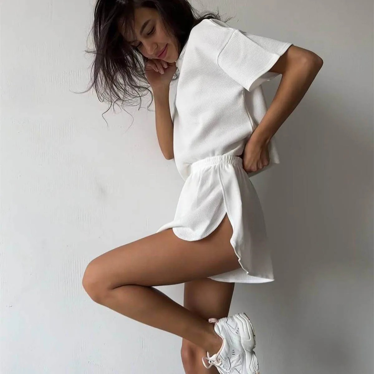 New in Sets T-shirt Solid Cropped Tees Tops Summer Female 2 Piece Slit Shorts Set Short Sleeve Loose Casual Daily Women Clothing - Image 7