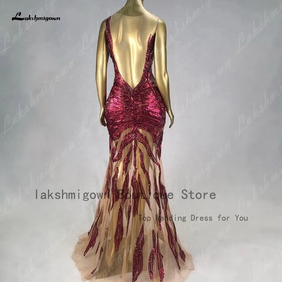 Burgundy Sequin Lace Mermaid Prom Dress Backless Gown - Image 3