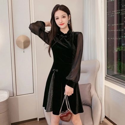 Black Elegant Qipao Cheongsam Oriental Dress Short Japanese Style Ao Dai FF2790