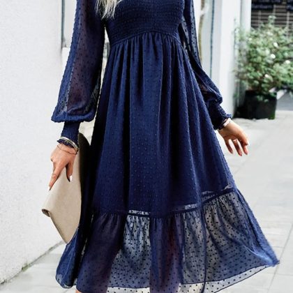 Women’s Elegant Jacquard Midi Dress – See-Through Shirring with Lantern Sleeves (Autumn Casual)