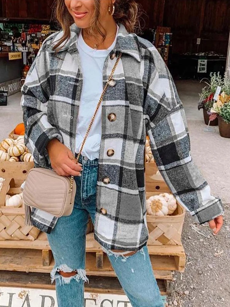 Women Oversized Plaid Shirt - Image 3