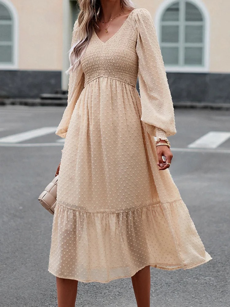 Women’s Elegant Jacquard Midi Dress – See-Through Shirring with Lantern Sleeves (Autumn Casual) - Image 5