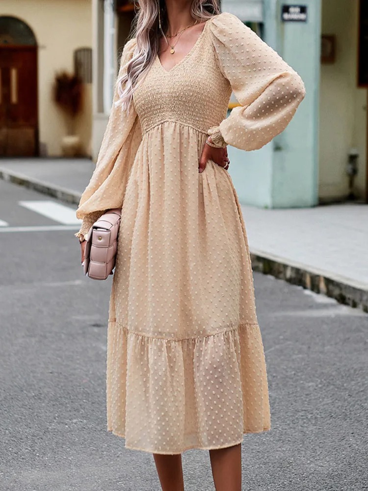 Women’s Elegant Jacquard Midi Dress – See-Through Shirring with Lantern Sleeves (Autumn Casual) - Image 6