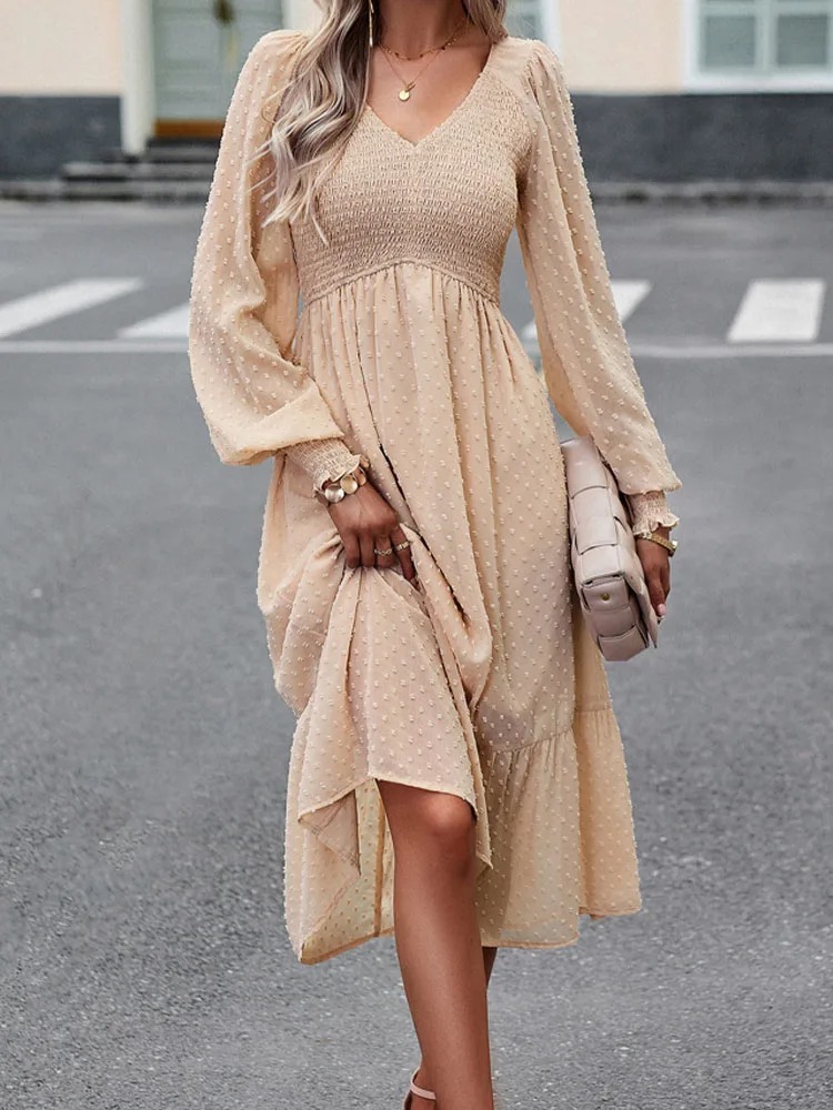 Women’s Elegant Jacquard Midi Dress – See-Through Shirring with Lantern Sleeves (Autumn Casual) - Image 4