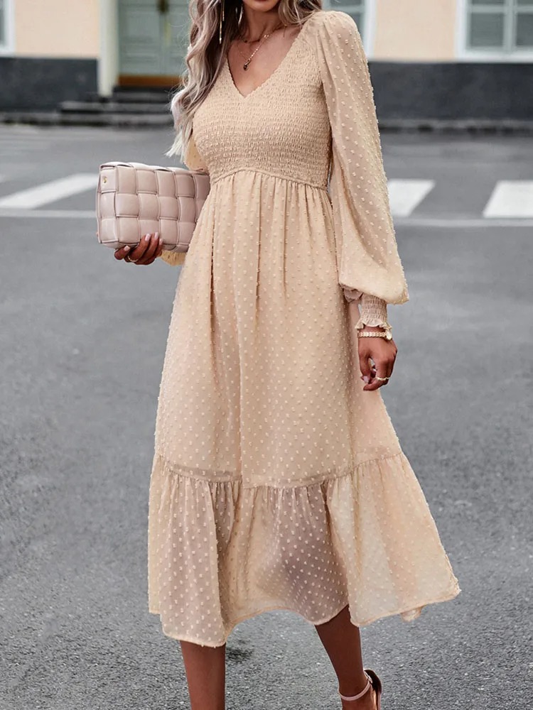 Women’s Elegant Jacquard Midi Dress – See-Through Shirring with Lantern Sleeves (Autumn Casual) - Image 2