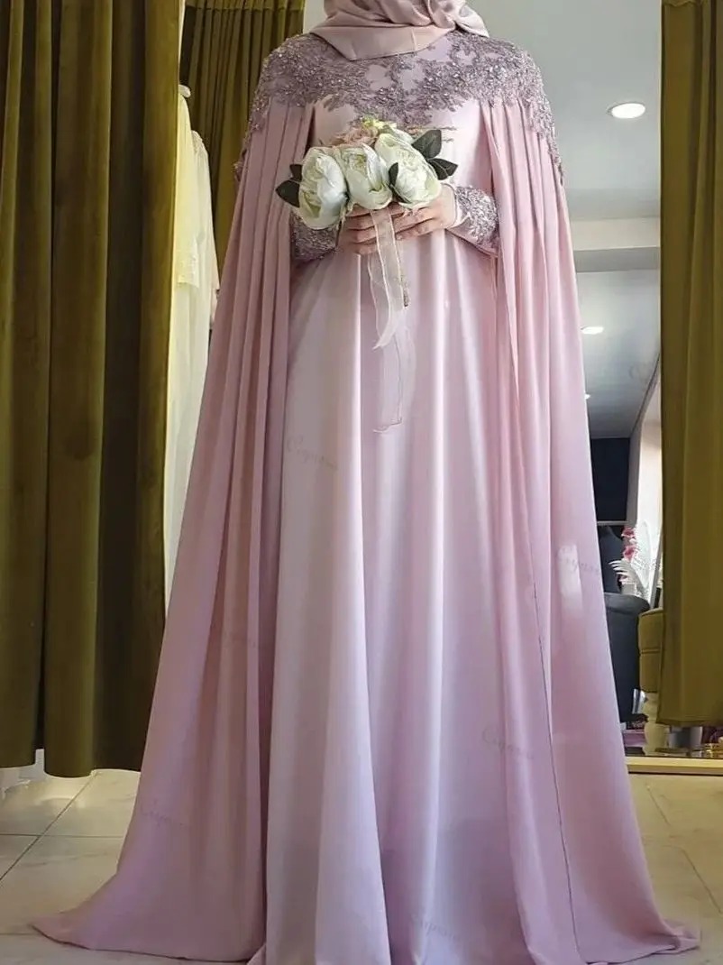 Ciynsia Pink Hijab Evening Gown | Long Sleeve Chiffon A-Line Islamic Dubai Arabic Formal Prom Dress - Image 2