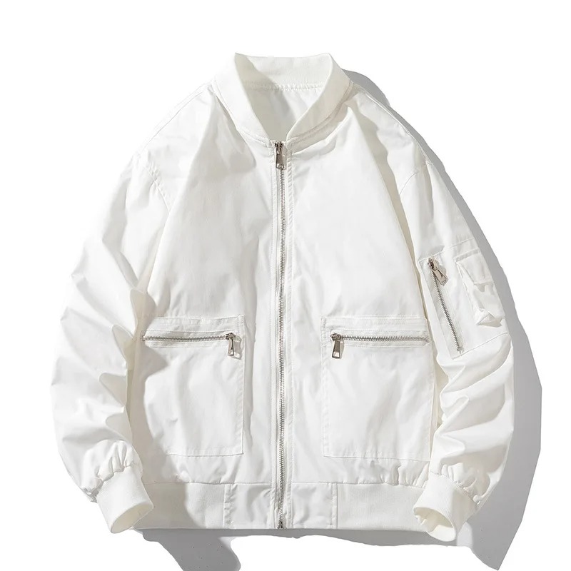 Men’s MA-1 Baseball Jacket – Solid Color Zip-Up Multi-Pocket Streetwear Coat