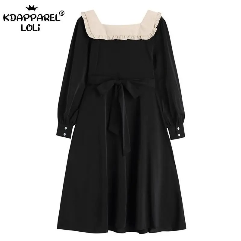 Harajuku Gothic Black Dress | Sweet Lolita Square Doll Collar Retro Hepburn Midi Palace Style Dress - Image 6