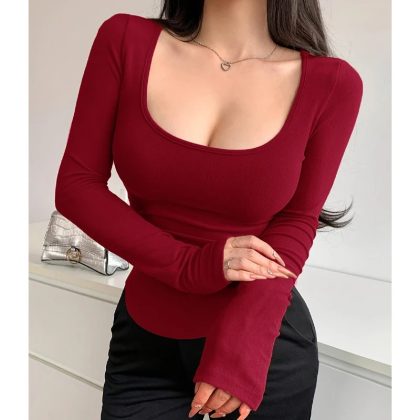 Autumn 2025 Women’s Square Neck Long Sleeve Slim Fit Crop Top – Basic Y2K Streetwear Fashion for Spring & Fall