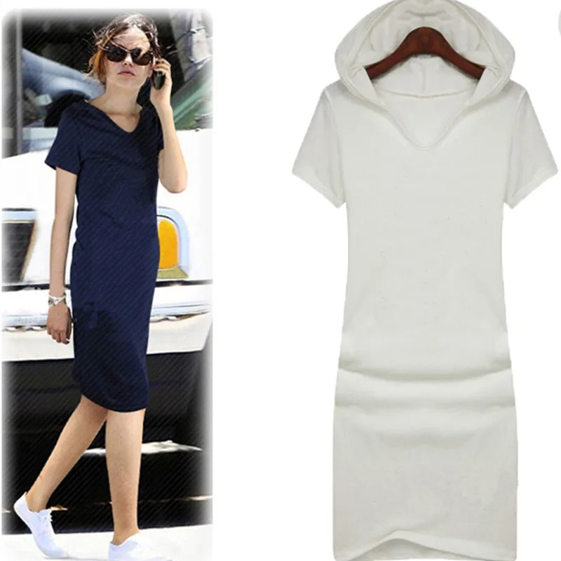 Plus Size Hooded Cotton Dress Women Summer Knee Length Casual Dress - Image 5