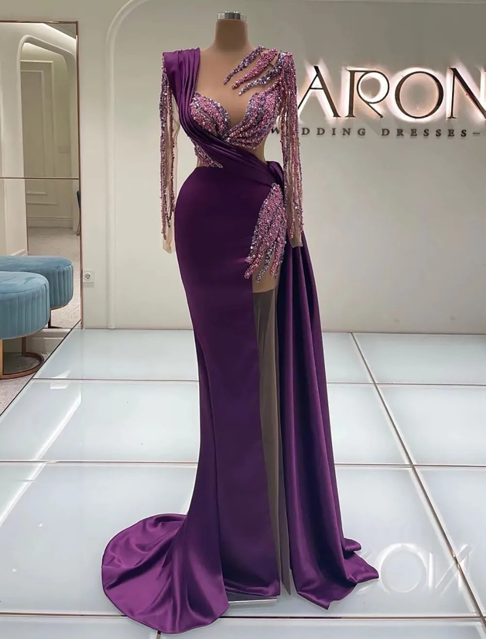 Purple Prom Party Gown | Plus Size Beaded Crystal Satin Sequin Long Sleeve O-Neck Formal Evening Dress - Image 5