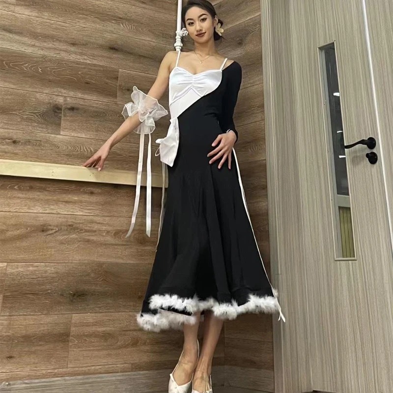 Women Ballroom Dance Competition Dress | Black White Single Sleeve Waltz Modern Dance Practice Outfit DN14724 - Image 6