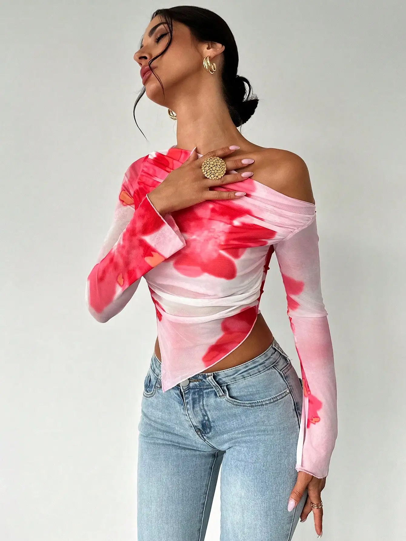 Sweet Spice Women's Mesh Print Diagonal Shoulder Long Sleeve Irregular Off-Shoulder Top