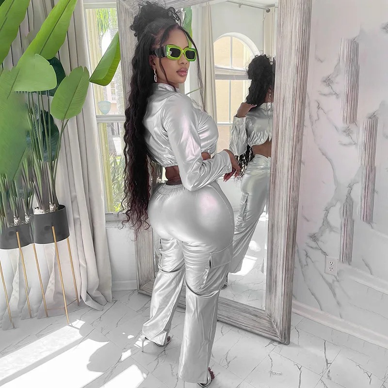 Y2K Women Two Piece Shiny Silver PU Leather Zipper Cropped Jacket Straight Pants Set - Image 6