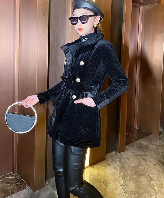 Women’s Velvet Cotton Quilted Coat – Mid-Length Plaid Black Diamond Winter Jacket - Image 7