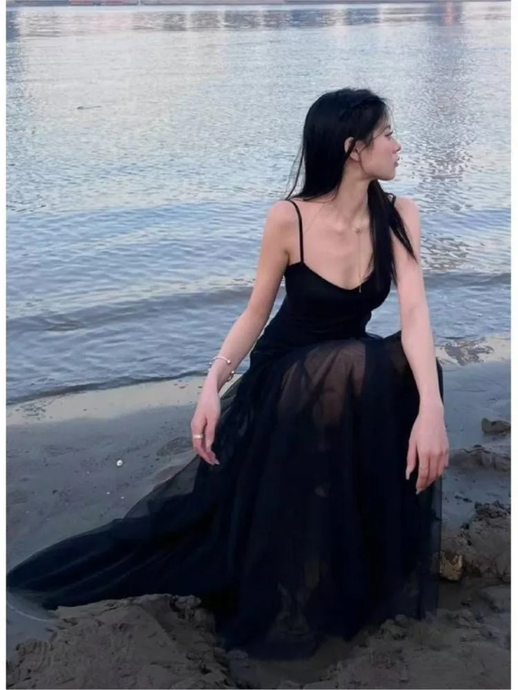 French Style Vintage Evening Dress for Women – Spaghetti Strap Mesh Patchwork V-Neck Split Black Slim Party Dress - Image 3