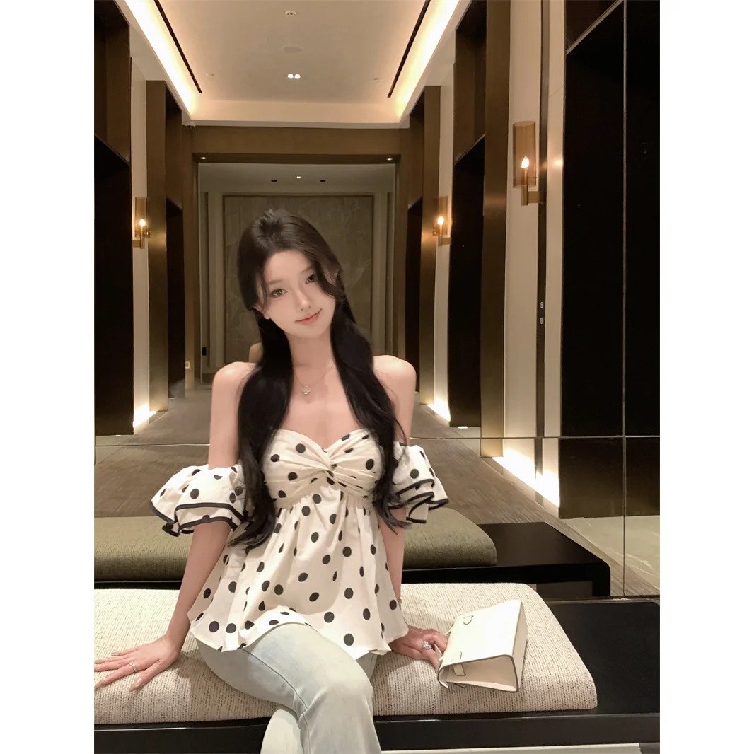 Women’s Polka Dot Slash Neck Short Sleeve Blouse – Korean Ruffle Slim Fit Casual Summer Top - Image 6
