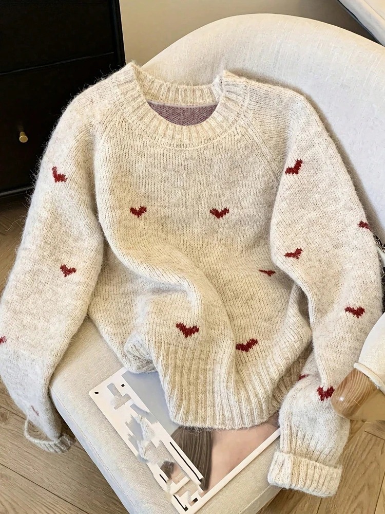 Women’s Heart Pattern Knit Sweater – Long Sleeve Round Neck Autumn Winter Pullover Top - Image 7