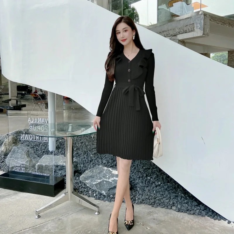 Anteef Knitted Vintage Pleated Midi Dress for Women | Long Sleeve Casual Spring Autumn Sweater Dress