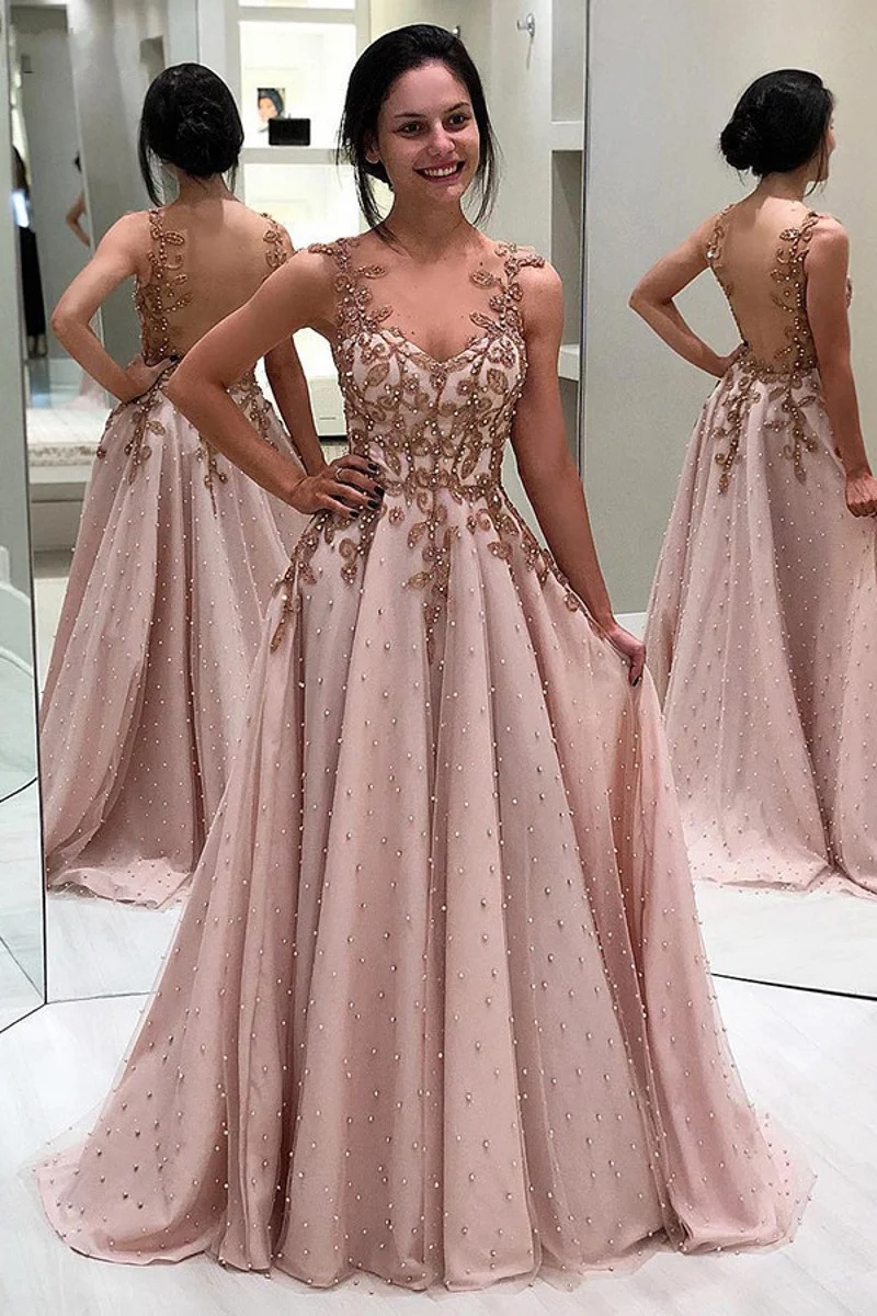 Pink A-Line Prom Dress with Pearl Appliques – Illusion Backless Chiffon Evening Gown - Image 6