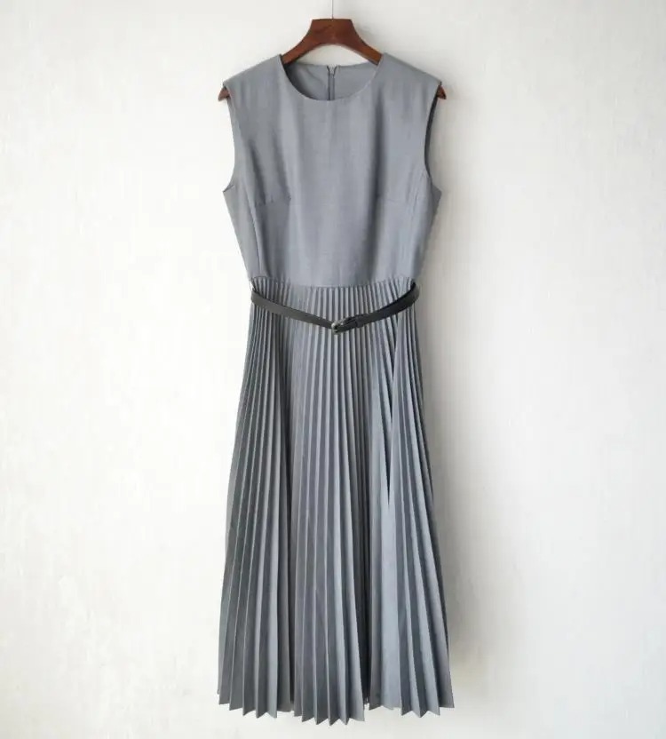 Women Summer Slim Waist Pleated Dress | Elegant Gray Sleeveless Tank Dress with Back Zipper - Image 4