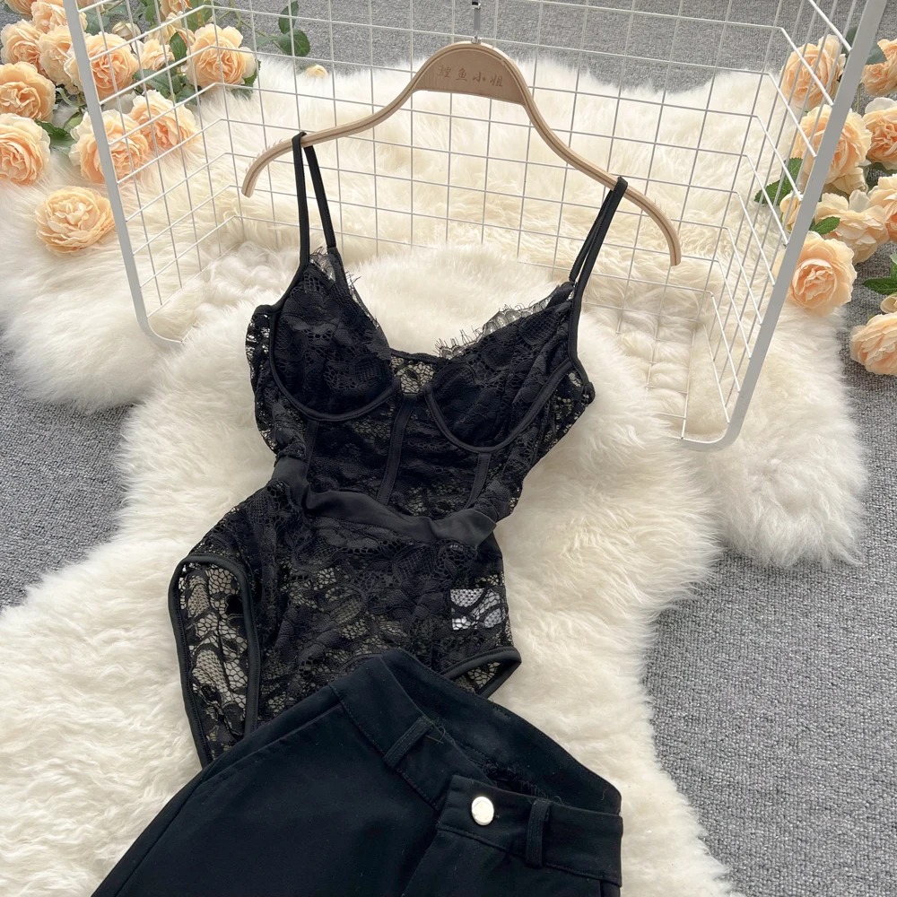 Women Lace Suspender Vest Two Piece Set High Waist Tassel Trousers - Image 7