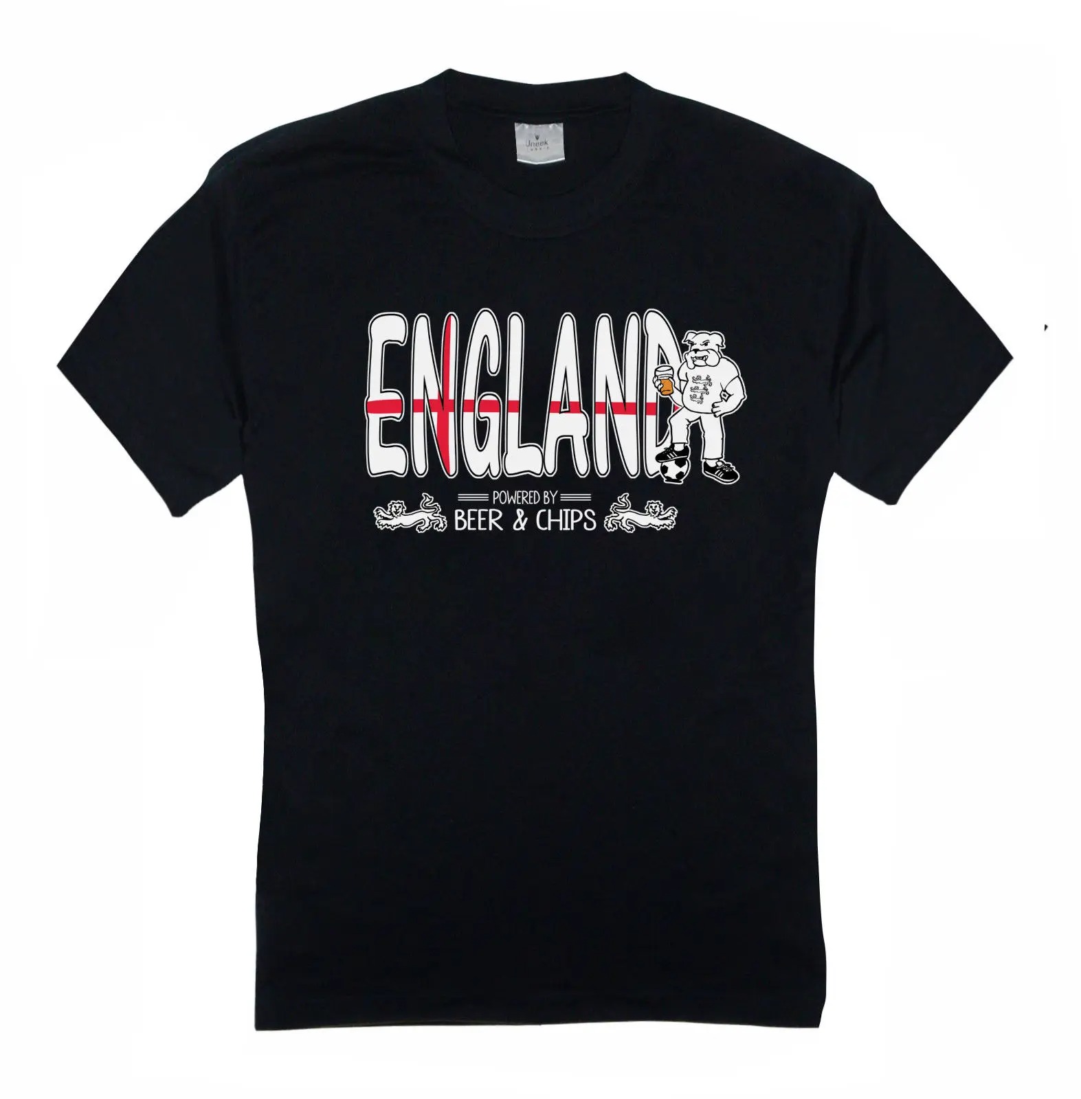 Funny England Bulldog Beer & Chips Men’s T-Shirt | Casual Short Sleeve Football Graphic Tee - Image 3