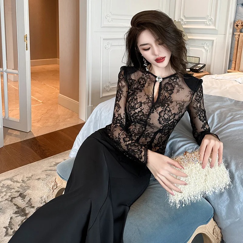 Summer Sexy Hollow Out Lace Blouse for Women – Round Neck Sheer Shirt - Image 6