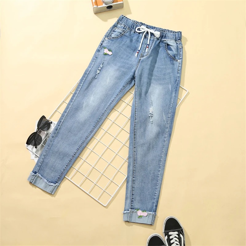 Women Spring Summer Embroidery Jeans Elastic Waist Ankle Length Denim Pants Office Casual Loose Trousers - Image 5