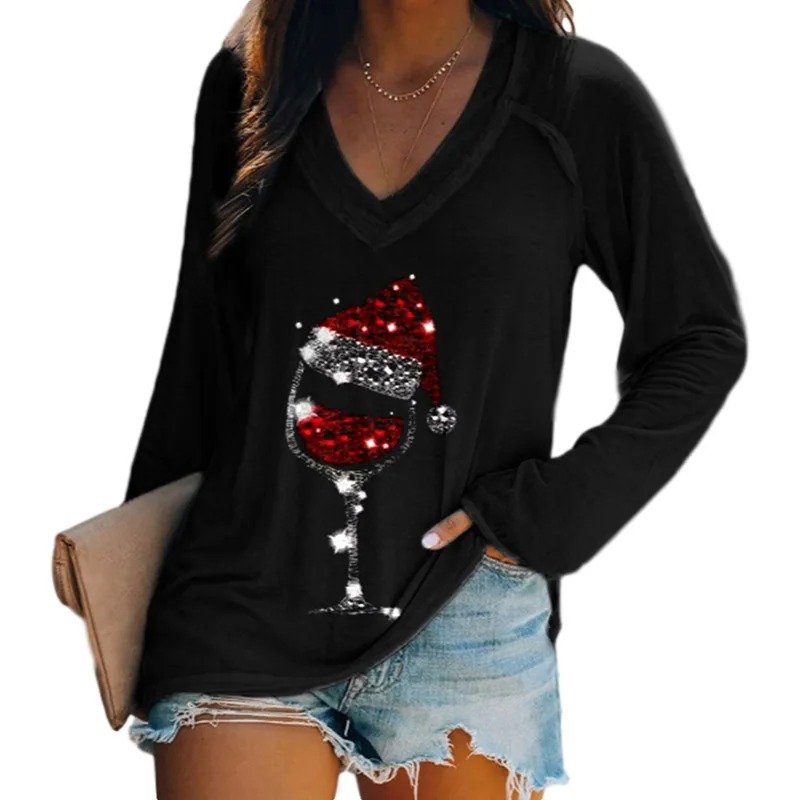 Women’s Christmas Wine Glass V-Neck T-Shirt – Long Sleeve Party Top - Image 2
