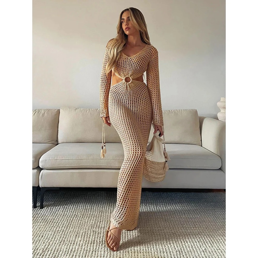 2024 Knitted Beach Cover-Up Dress | Sexy See-Through Maxi Slit Hollow-Out Summer Bikini Cover-Up - Image 3