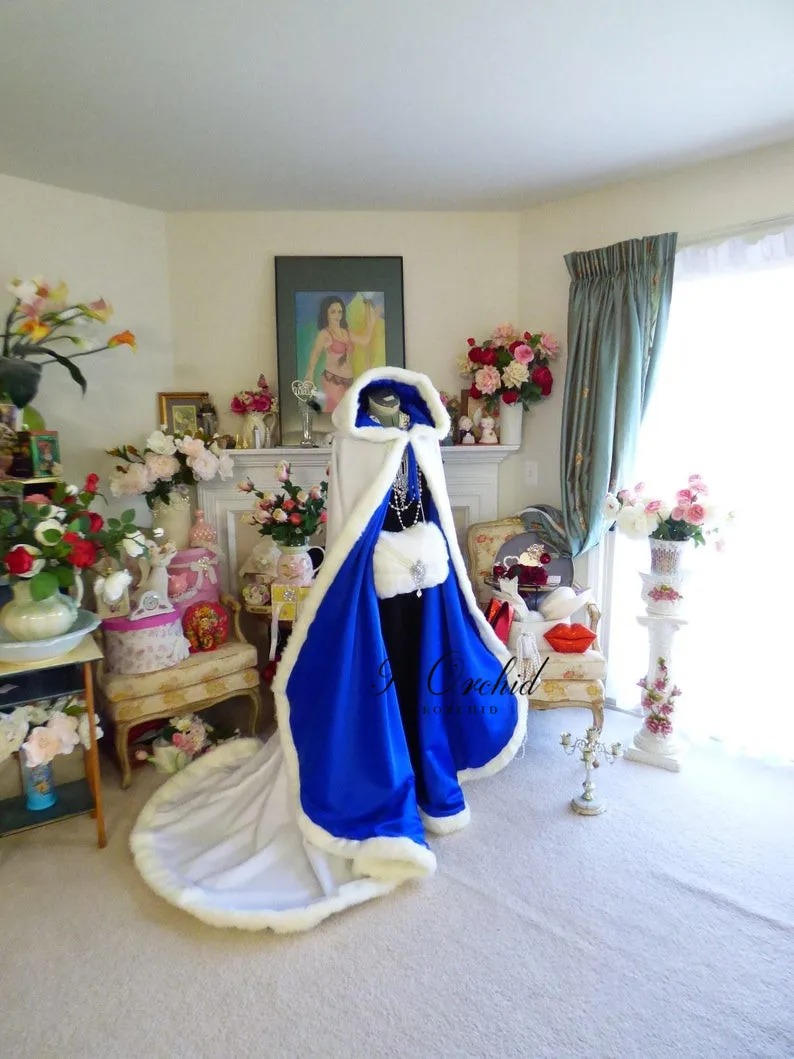 Long Satin Wedding Cape Hooded Faux Fur Bridal Cloak - Image 5