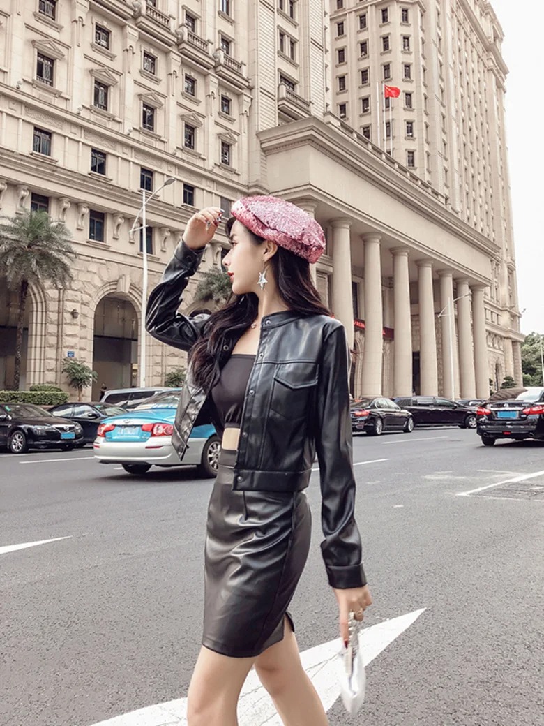 2 Pieces Women Leather Set Sexy Slim Jacket Skirt Long Sleeve Button Coat High Waist Streetwear Outfit - Image 4