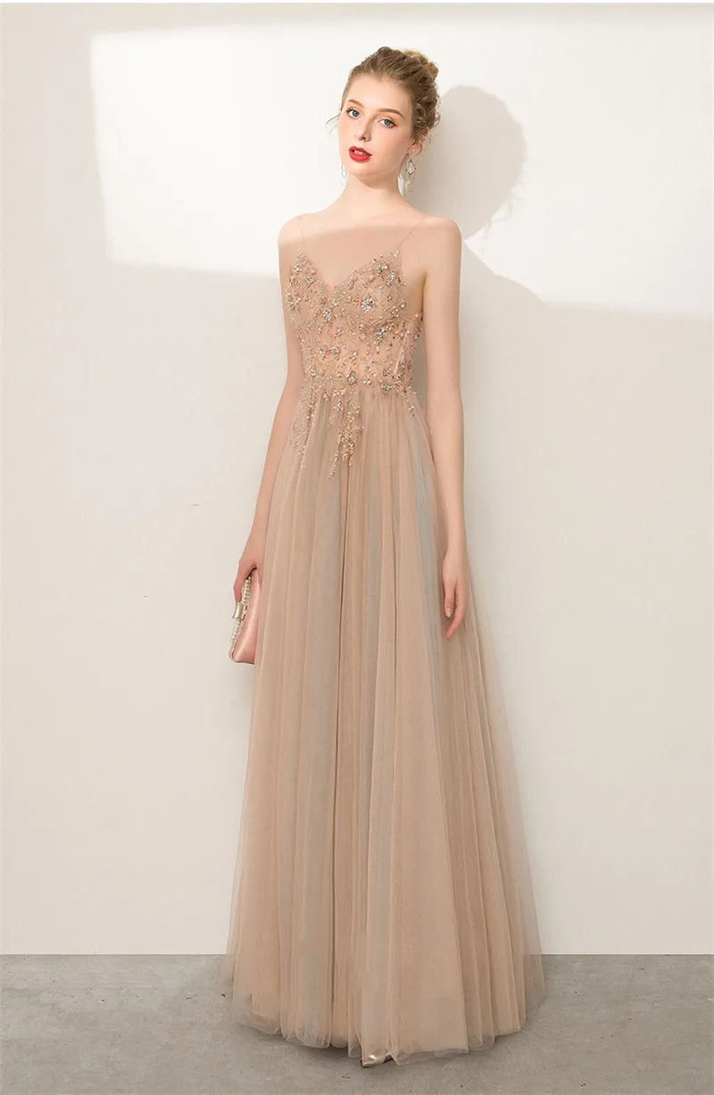 Champagne A Line Prom Dress Spaghetti Strap Sequin Gown - Image 5