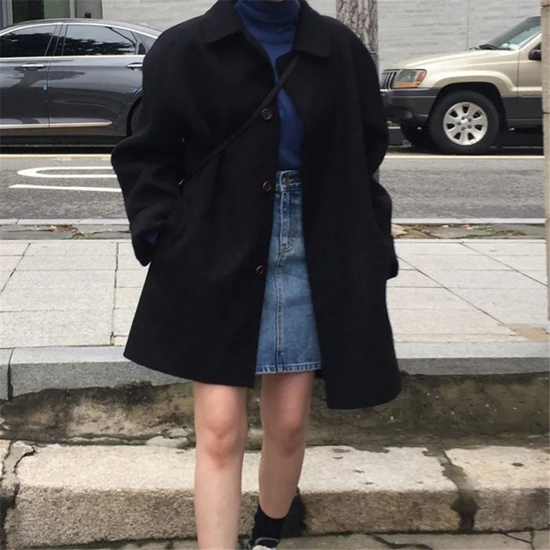 Spring Autumn Korean Style Mid-Long Woolen Coat Women Single Breasted Streetwear Outerwear - Image 4