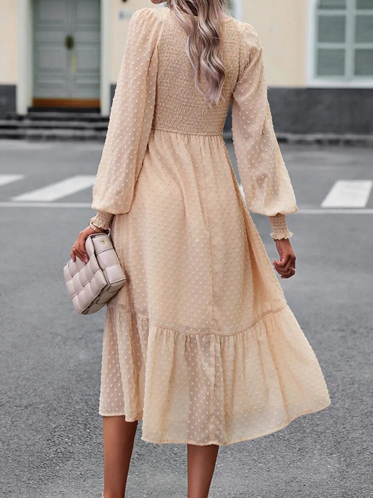 Women’s Elegant Jacquard Midi Dress – See-Through Shirring with Lantern Sleeves (Autumn Casual) - Image 3
