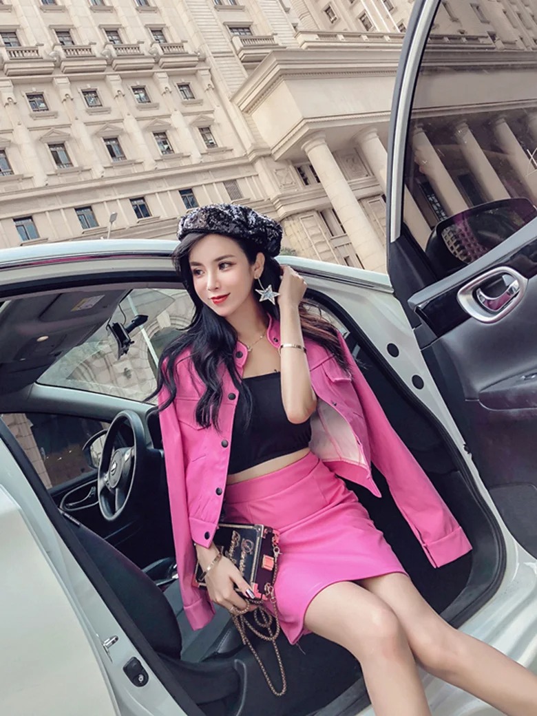 2 Pieces Women Leather Set Sexy Slim Jacket Skirt Long Sleeve Button Coat High Waist Streetwear Outfit - Image 3