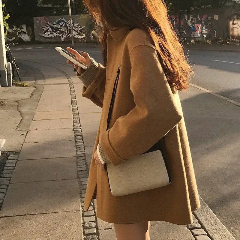 Spring Autumn Korean Style Mid-Long Woolen Coat Women Single Breasted Streetwear Outerwear - Image 5