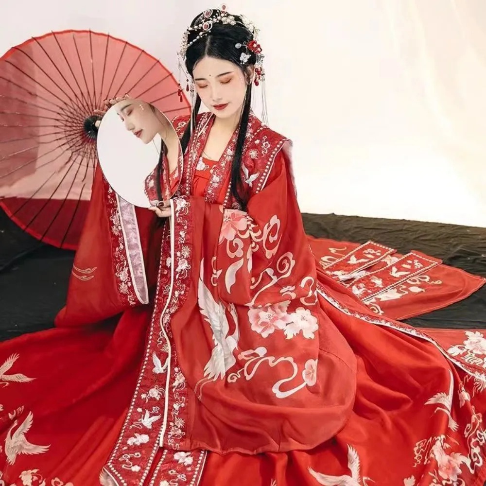 Red Hanfu Women Song Dynasty Wedding Bride Costume Xia Pei Waist Length Skirt Set