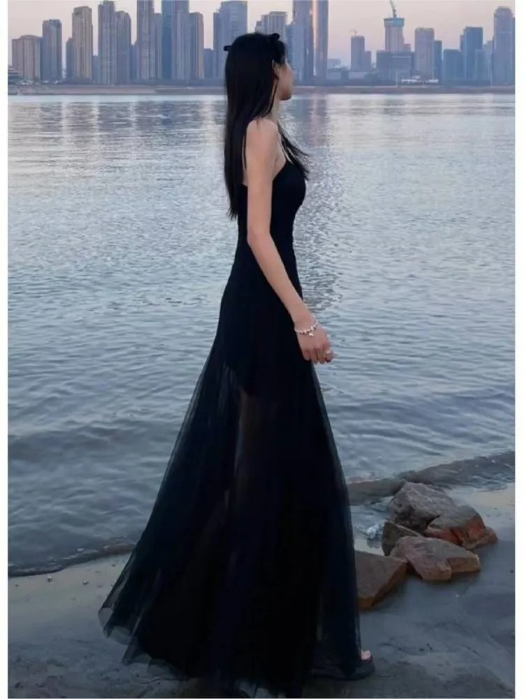 French Style Vintage Evening Dress | Spaghetti Strap Mesh Patchwork V-Neck Split Black Slim Elegant Party Dress - Image 7