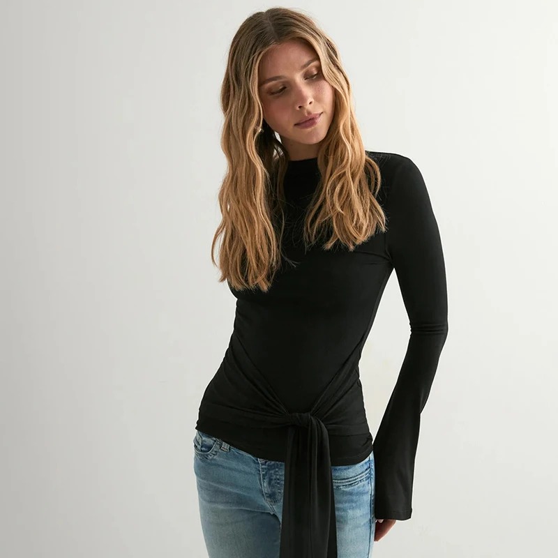 UTENOVA Women's Fall New Arrival Round Neck Bell Sleeve Tie-Front Top – Chic Casual Streetwear - Image 6