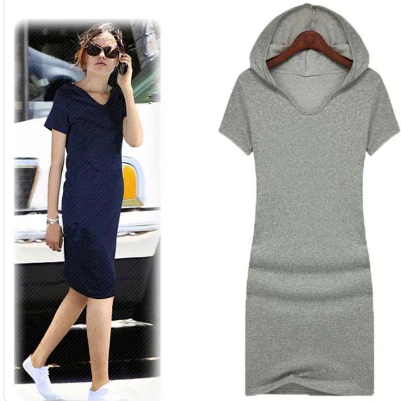 Plus Size Hooded Cotton Dress Women Summer Knee Length Casual Dress - Image 3