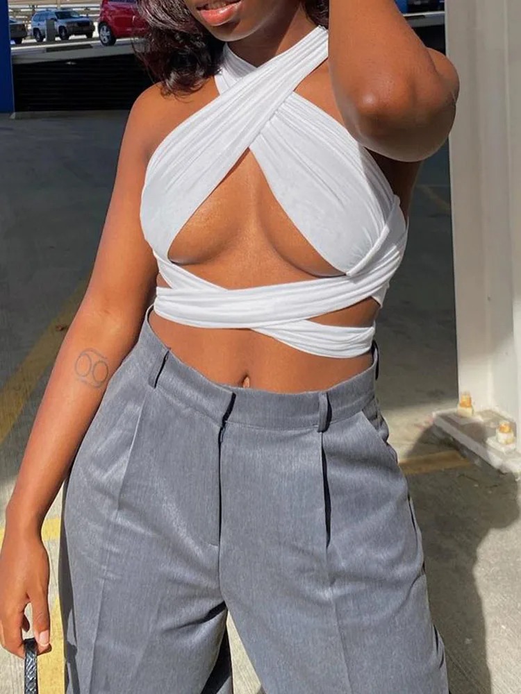 Women’s Strappy Cross-Over Halter Neck Crop Top – Sleeveless Summer Top - Image 6