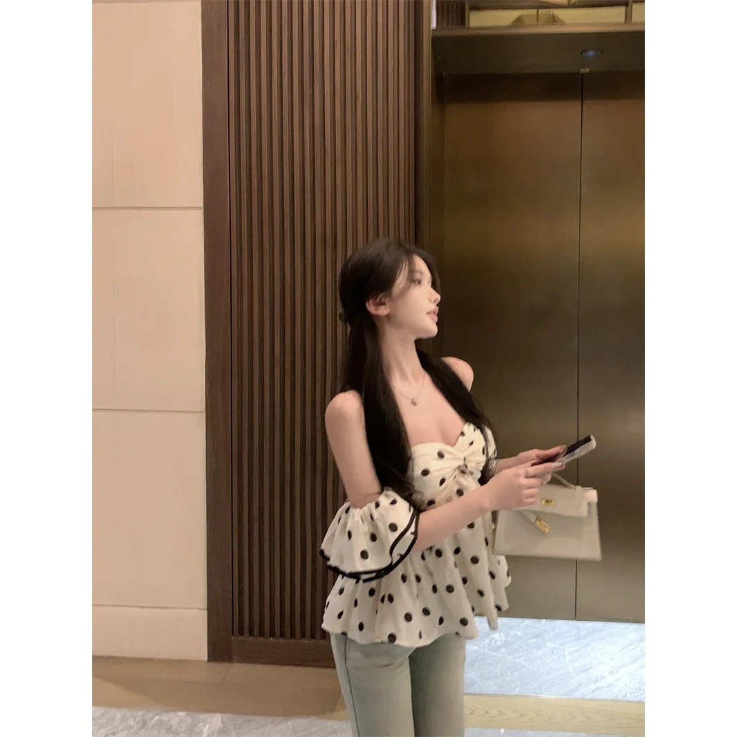 Women’s Polka Dot Slash Neck Short Sleeve Blouse – Korean Ruffle Slim Fit Casual Summer Top - Image 3