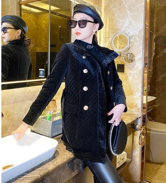 Women’s Velvet Cotton Quilted Coat – Mid-Length Plaid Black Diamond Winter Jacket - Image 4